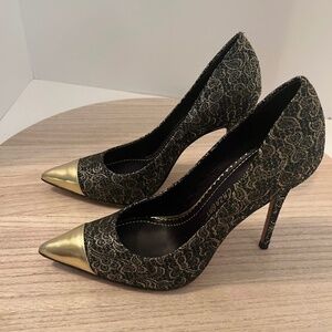 Jean-Michel Cazabat Women’s High Heel Pumps Black Gold Lace Pointed Toe 37.5/7.5